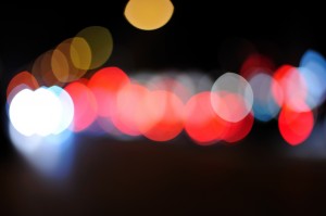 A blurred night time image of car and street lights, 