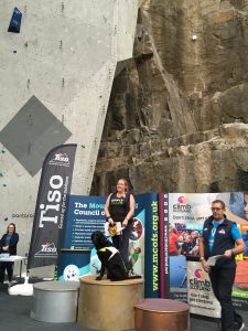 I am standing on top of a tall gold podium with Fizz sat in front of me, I am the only person on the podium, the other two, silver and bronze are empty to allow me to have my photo taken.