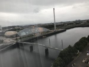 Photograph shows the view of The Glasgow Tower and Science Centre across the river Clyde and a bridge taken from the 16thfloor of the hotel