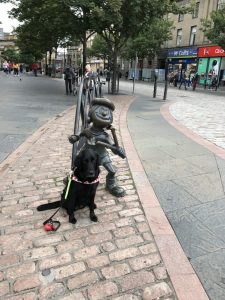Fizz sat in front of a Mini the Minx statue on the street in Dundee